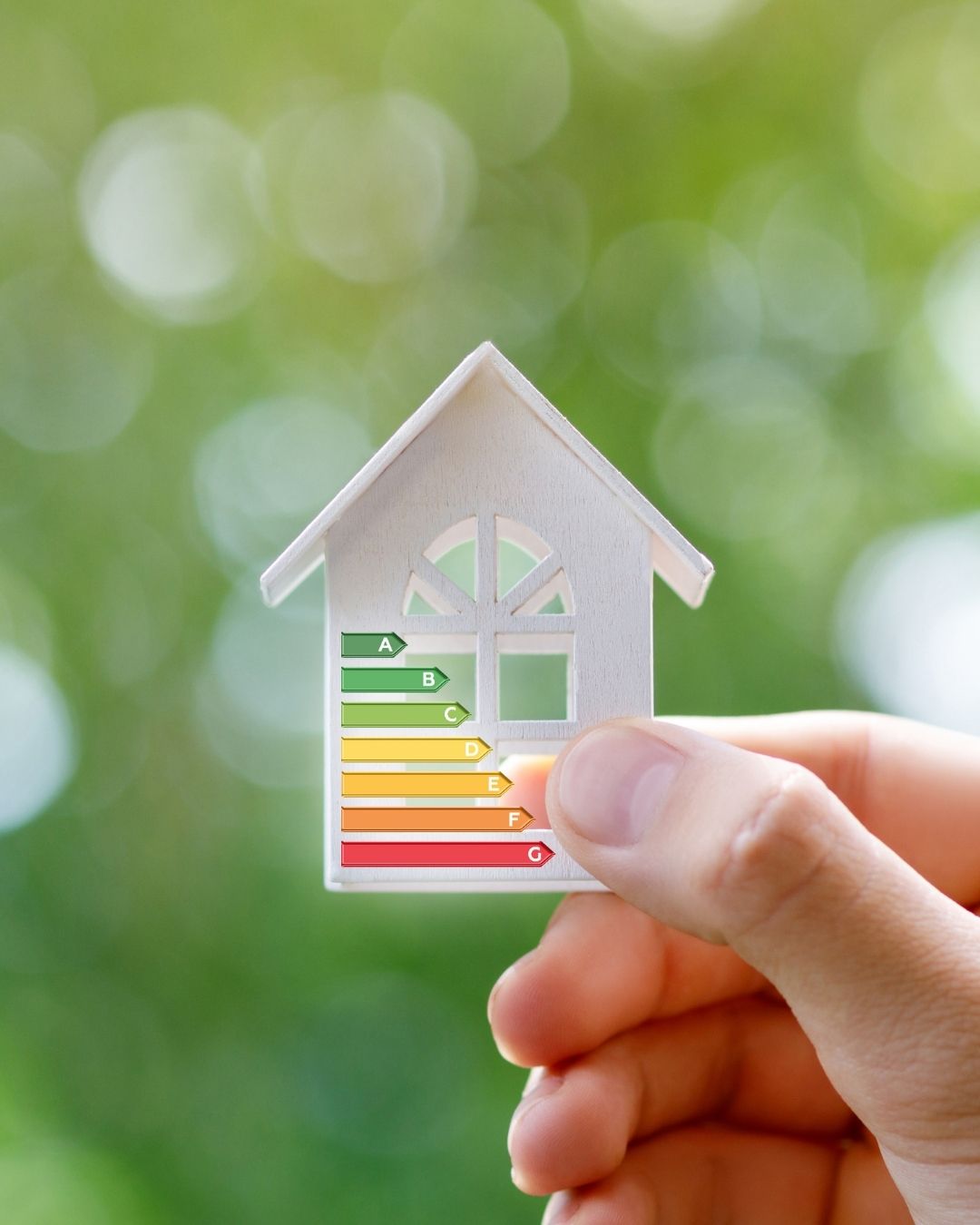 Maison blanche avec les différents niveaux de DPE, tenue par une main et avec un fond nature. 