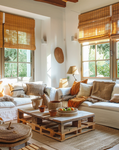 Intérieur d’une maison, lumineux et chaleureux.