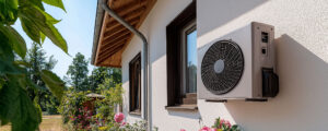 Pompe à chaleur installée dans une maison, rénovation énergétique Groupe OPNR.